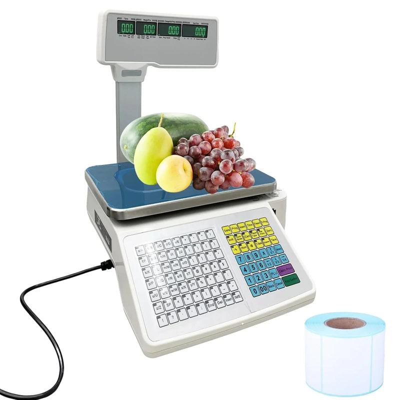 Commercial digital scale, equipped with thermal printer, 4 window vertical double-sided LCD display, capable of printing labels, maximum load capacity of 66 pounds, 110 volts, portable, suitable for storage areas, restaurants, bakeries Y1