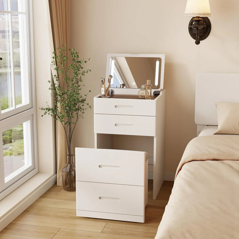 Solid Wood 3 in 1 Vanity Desk with Flip Top Mirror, No Assembly, Compact Vanity with Hidden Chair, Small Makeup Vanity Set with Power Outlet, Dressing Table for Bedroom, White F2