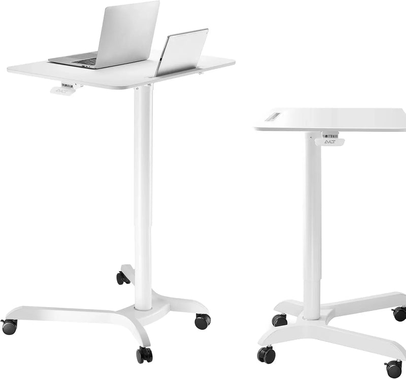 Portable laptop desk cart (3 feet 8 inches) - Mobile rolling desk - Computer projector cart - Adjustable height foldable mobile folding table - White mobile frame with brake wheels R1