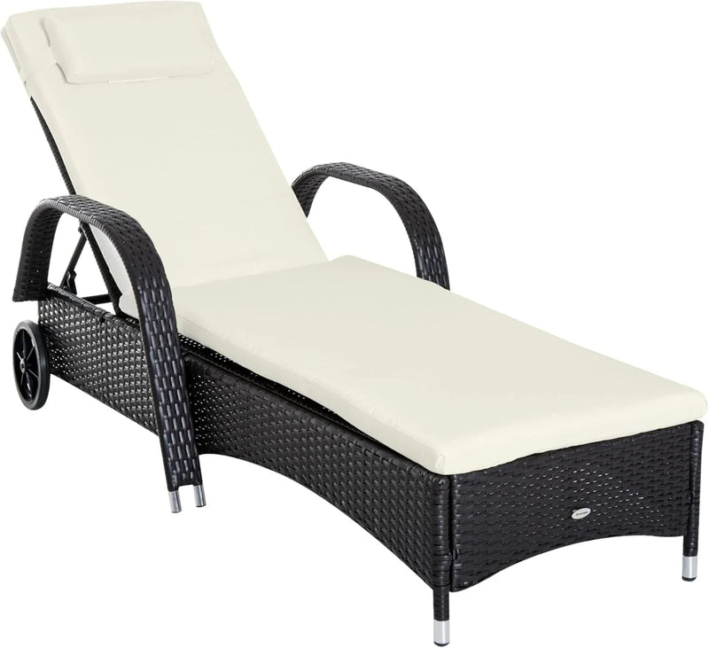 Wicker Outdoor Chaise Lounge, 5-Level Adjustable Backrest PE Rattan Pool Lounge Chair with Wheels, Cushion & Headrest, Brown and Dark Blue E2