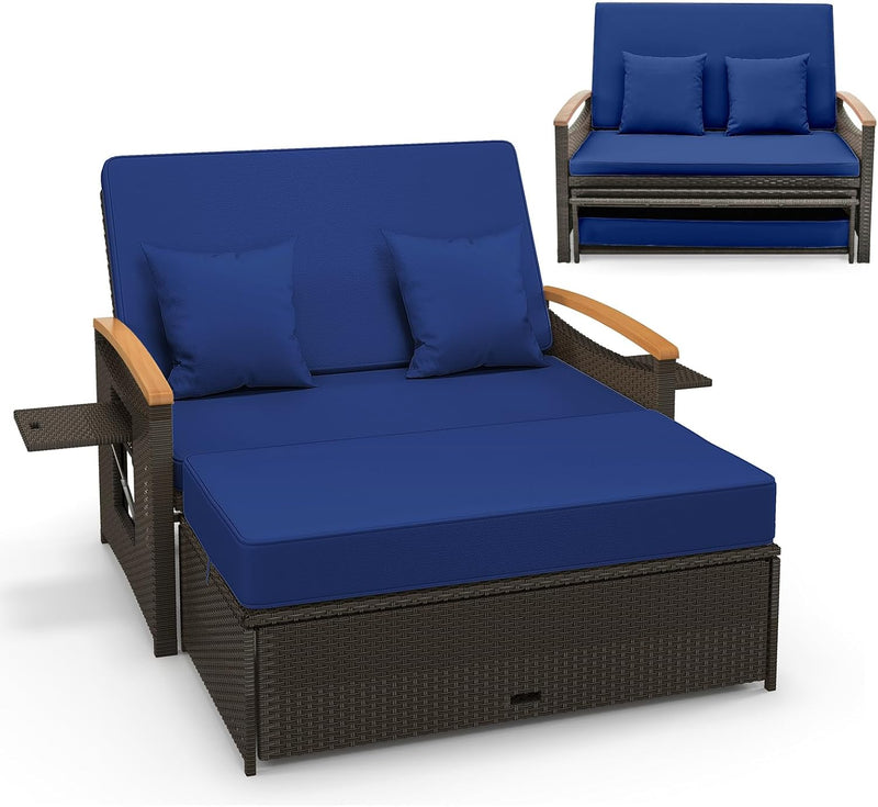Moccha Outdoor Wicker Daybed, Patio Rattan Loveseat Sofa w/ 4-Level Adjustable Backrest, Folding Panels, Storage Ottoman & Cushions, Lounge Furniture Set for Poolside Backyard Porch (Beige) R8