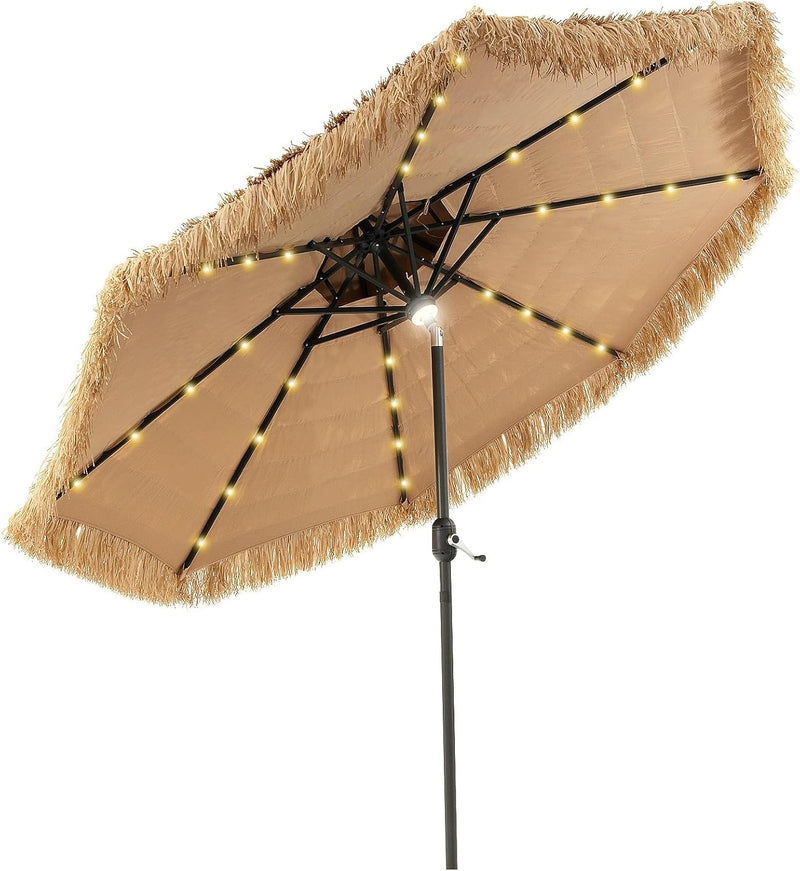 Mud-cloth style ti-ki courtyard shade umbrella - Two-layer Hawaiian lei-style inclined beach shade umbrella, equipped with 33 LED lights, 8 umbrella ribs and a rotatable lifting device, solar-powered lawn-type courtyard shade umbrella, tropical palm T5
