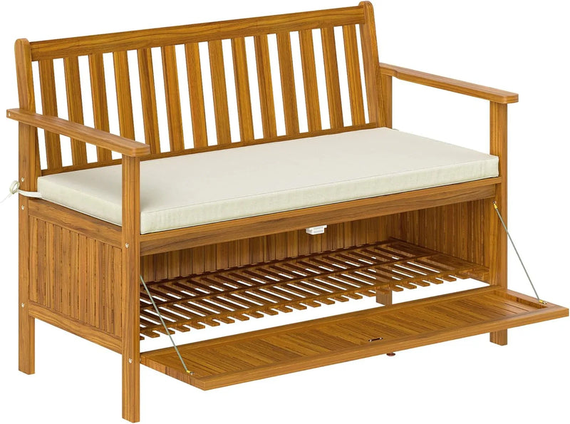 Outdoor bench with storage box, 28-gallon outdoor storage bench, garden seat made of rosewood with cushion, suitable for parks, balconies, and terraces, double-person outdoor furniture, made of teak material H1