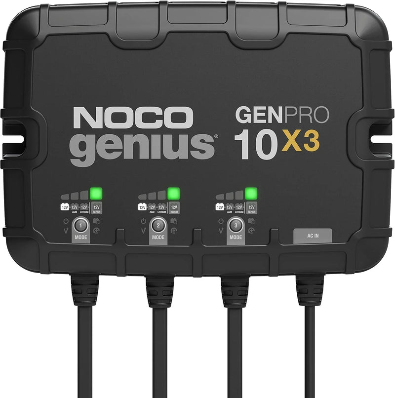 Three sets of batteries, 30-ampere built-in battery charger - Each set consists of 10-ampere, 12-volt waterproof marine charger, featuring overcharge protection and temperature compensation functions - Suitable for lead-acid batteries and lithium bat E6