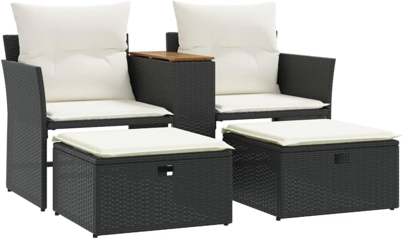 Multi-functional balcony sofa (for two people, with sunshade) - Black polyester wicker double-seat sofa, with built-in table, stool and washable cushion D1