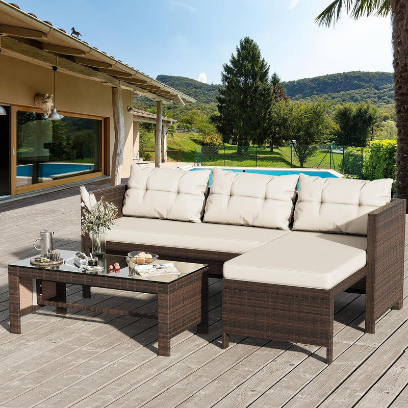 Outdoor Patio Furniture Sets, Wicker Patio sectional Sets 3-Piece, All Weather Wicker Rattan Patio Seating Sofas with Glass Coffee Table and Cushion (Beige) S9