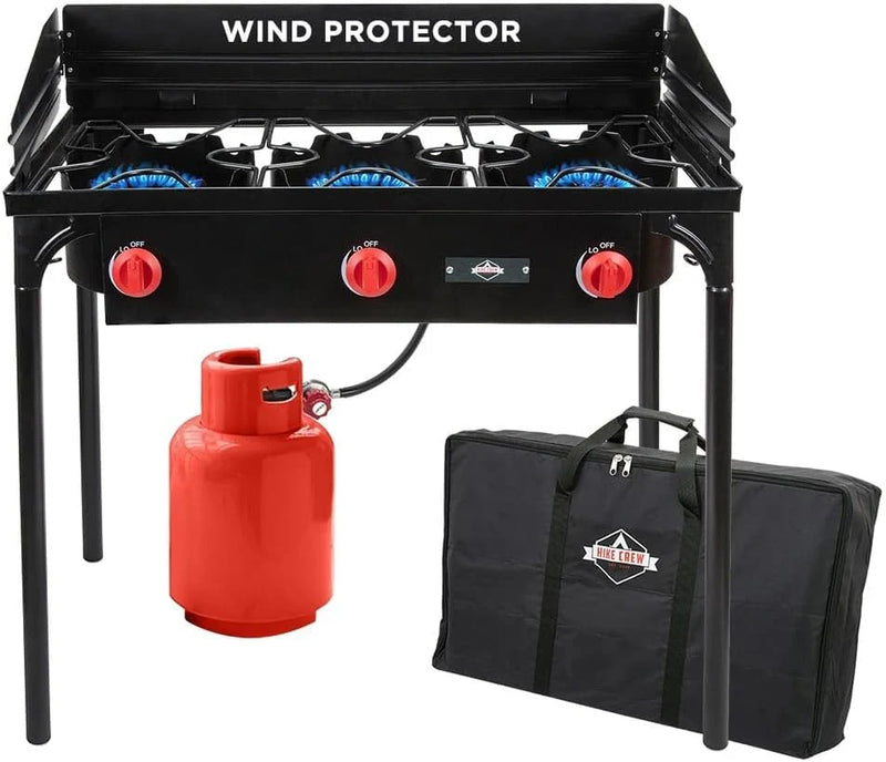 Dual-burner outdoor gas stove | 150,000 British thermal units portable propane stove, with blue flame control, detachable legs, temperature control knob, windproof panel, hose, regulator and storage box A8