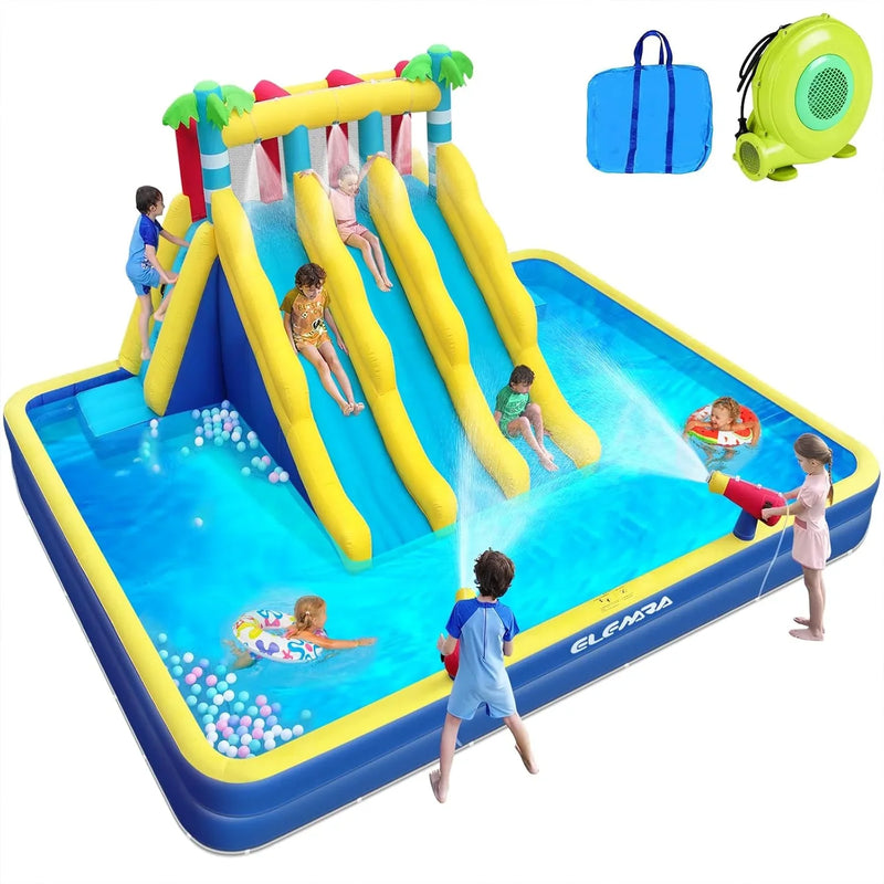 20.66x16.4FT Inflatable Water Slide for Big Kids, Water Park for Kids Backyard with Large Double-Layer Pool,3 Extra-Long Slides,Climbing Wall, 2 Water Cannons, Water Spraying, 750W Air Blower W3