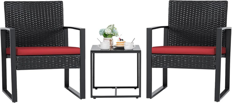 3 Pieces Patio Set Outdoor Wicker Furniture Sets Modern Rattan Chair Conversation Sets with Coffee Table for Yard and Bistro (Black) R9