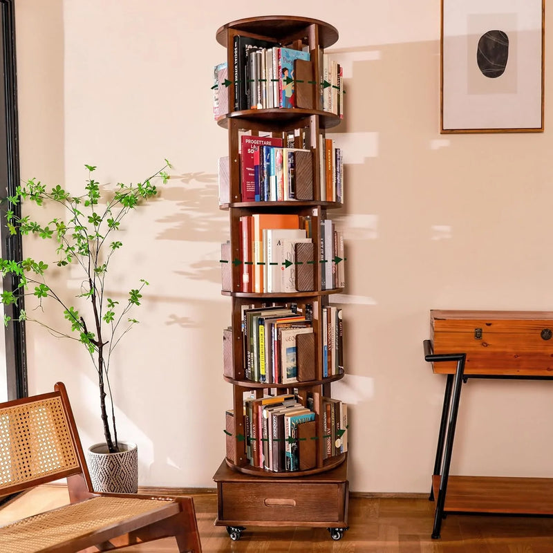 Solid wood rotating bookshelf, 360° display cabinet, with 1 drawer, rotating bookshelf tower with wheels, 72-inch high bookcase suitable for small spaces, rotating bookshelf for home office, walnut finish F1
