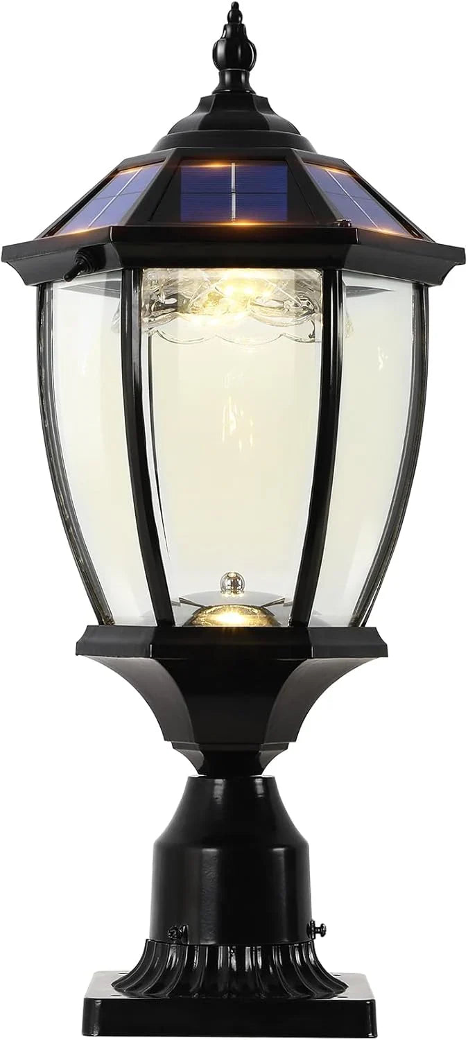 2-Heads Outdoor Solar Lamp Post Lights with Dusk to Dawn Sensor, Classic Exterior Solar Pole Lights with Waterproof, Black Street Lights with Clear Glass for Garden, Patio, Pathway, Driveway K3