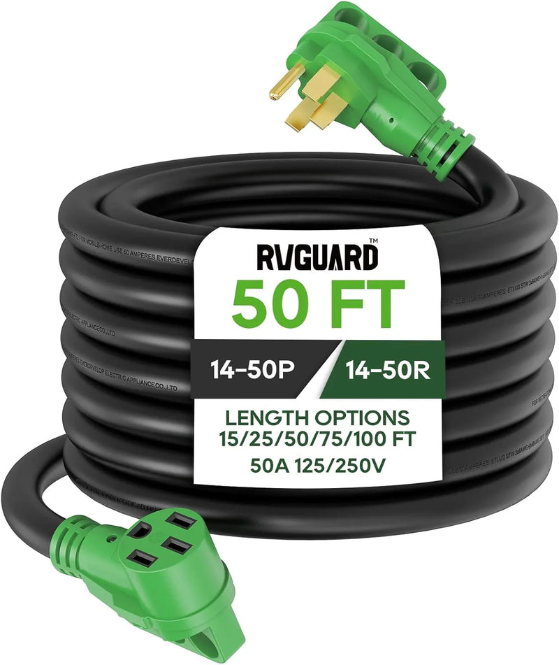 50 Amp 50 Foot RV/EV Extension Cord, NEMA 14-50P/R Heavy Duty Extension Cord with LED Power Indicator and Cord Organizer, Green, ETL Listed C8
