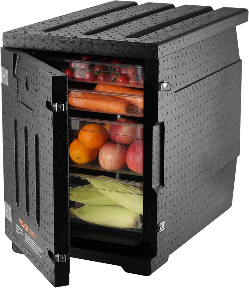 Food tray transportation box, 95-gallon insulated box for the catering industry, LLDPE food tray box with double clasps, front-mounted food heater with handle, suitable for stacking end loaders in restaurants, canteens, etc. black J1