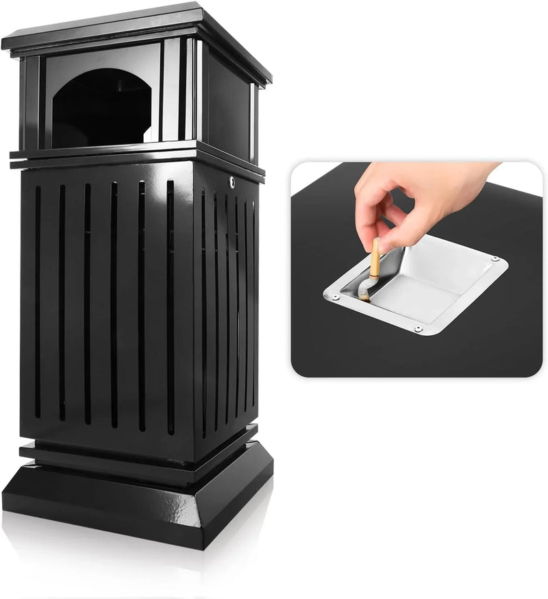 Outdoor trash bin top tray matte black stainless steel commercial waste storage box with lock cover. Heavy-duty industrial garden garage garbage container, dimensions: 35.5 * 15.8 * 15.8 inches. Y3