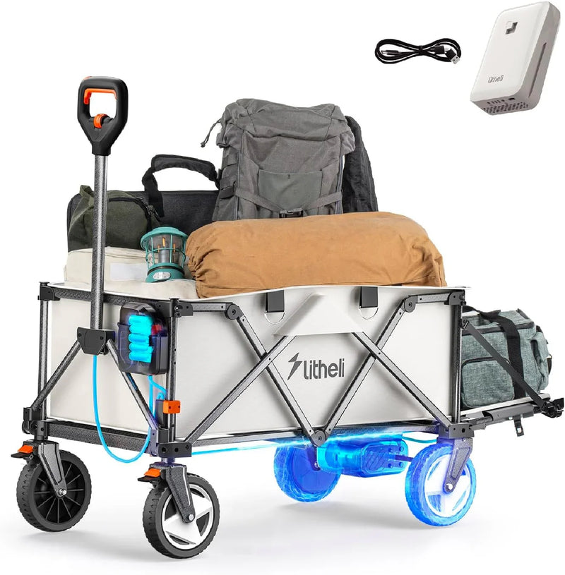 Utility truck, with a capacity of 200 liters and a load capacity of 300 pounds, featuring a foldable heavy-duty design, equipped with all-terrain wheels, featuring variable speed drive and battery power functions, suitable for camping, beaches, garde N8