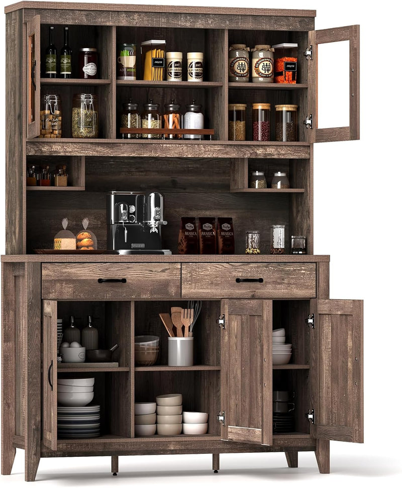 78.5-inch high kitchen cabinet storage unit, large storage cabinet with glass doors, equipped with drawers and adjustable shelves. The wooden kitchen storage unit has a microwave shelf, suitable for a home coffee bar. Q2