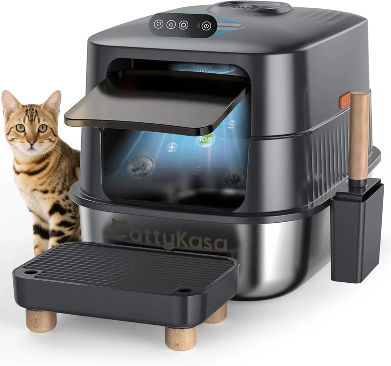 Stainless steel litter box, three-in-one enclosed high-sided litter box, equipped with a high lid, suitable for cats, anti-stick, anti-leak, easy to clean, with a scoop and filter step. M2