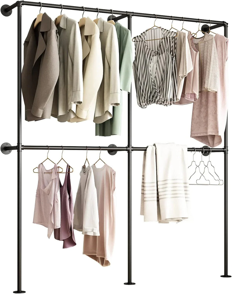 Industrial-style wall-mounted pipe clothes hanger, wall-mounted clothes hanger with double hanging rods, for closet storage (gold) M8
