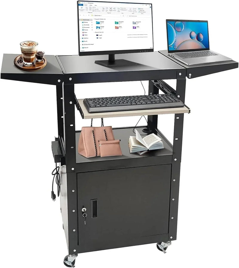 Upgraded AV Cart, Adjustable-Height Steel AV Cart with Locking Cabinet and Pullout Keyboard Tray, Rolling Media Cart with Wheels & Power for Computer Laptop Projector Printer (Black/43"x18"x43") K5