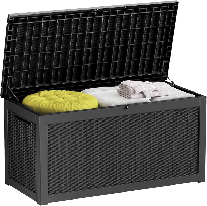 260-gallon large outdoor storage XL outdoor box, suitable for garden furniture, outdoor cushions, garden tools, sports equipment and pool supplies. Made of waterproof resin material, lockable, in gray color scheme. B7