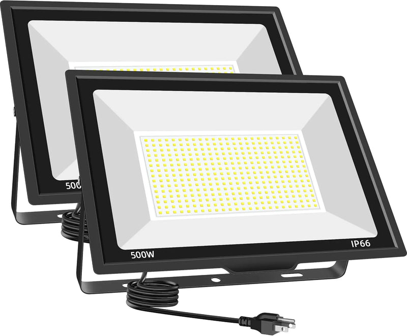 500W LED Flood Light Outdoor 2 Pack, 2000W Equivalent FloodLight with Plug, Super Bright 55000LM 5000K Daylight White IP66 Waterproof Commercial Lighting for Sports Fields,Courts,Arena,Stadium B3