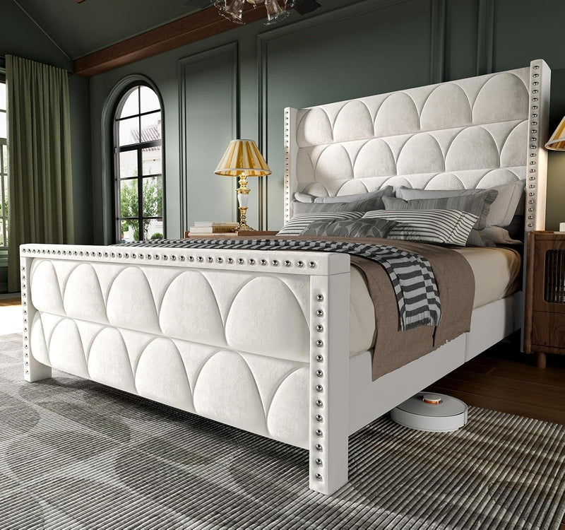 King Size Bed Frame with 56" Headboard - 1000LBS Capacity Support, Velvet Upholstered Wingback Platform Bed Frame, Noise Free, Sturdy Wooden Slat Support B1