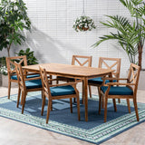 7-piece cherry wood dining set, teak surface / blue
