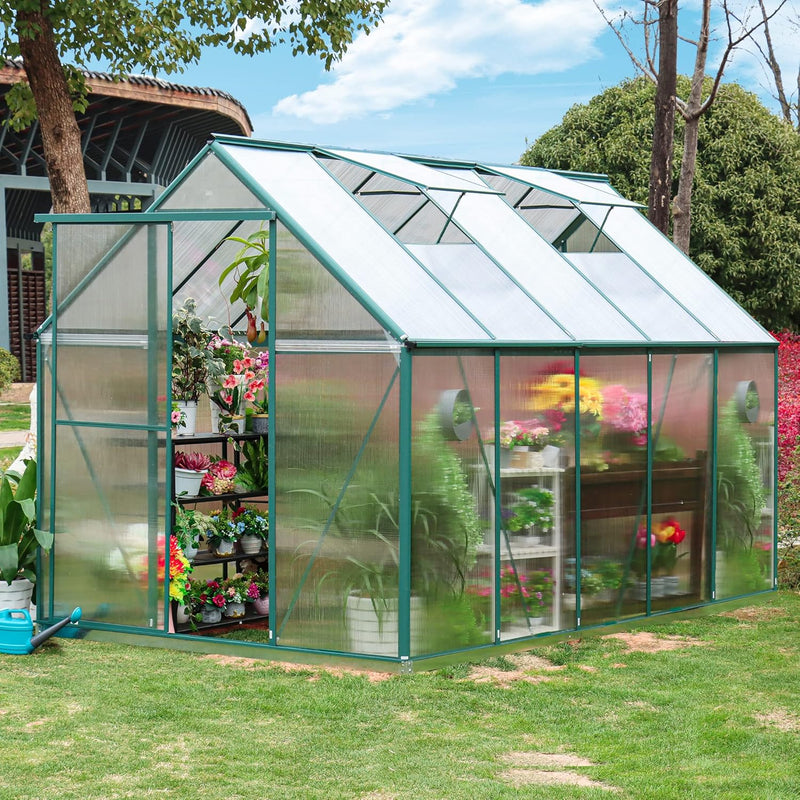 6'x10' Walk-in Greenhouse with 4mm 800G Polycarbonate Panels - Heavy-Duty Aluminum Frame, Wind/Snow Resistant for Gardening, Includes Sliding Door & Ventilation Windows (Green) J6