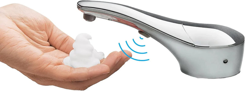 Automatic liquid soap dispenser, with a top-mounted contactless soap nozzle, capacity 34 ounces (1.0 liters), can be placed on the countertop of a public restroom, installation diameter 1-3/8 inches, chrome surface treatment. T0