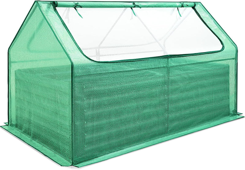 Raised Garden Bed with Cover Outdoor Galvanized Metal Planter Box Kit, w/ 2 Large Screen Windows Mini Greenhouse 20pcs T Tags 1 Pair of Gloves Included for Growing Vegetables 6x3x1ft (Clear) P0