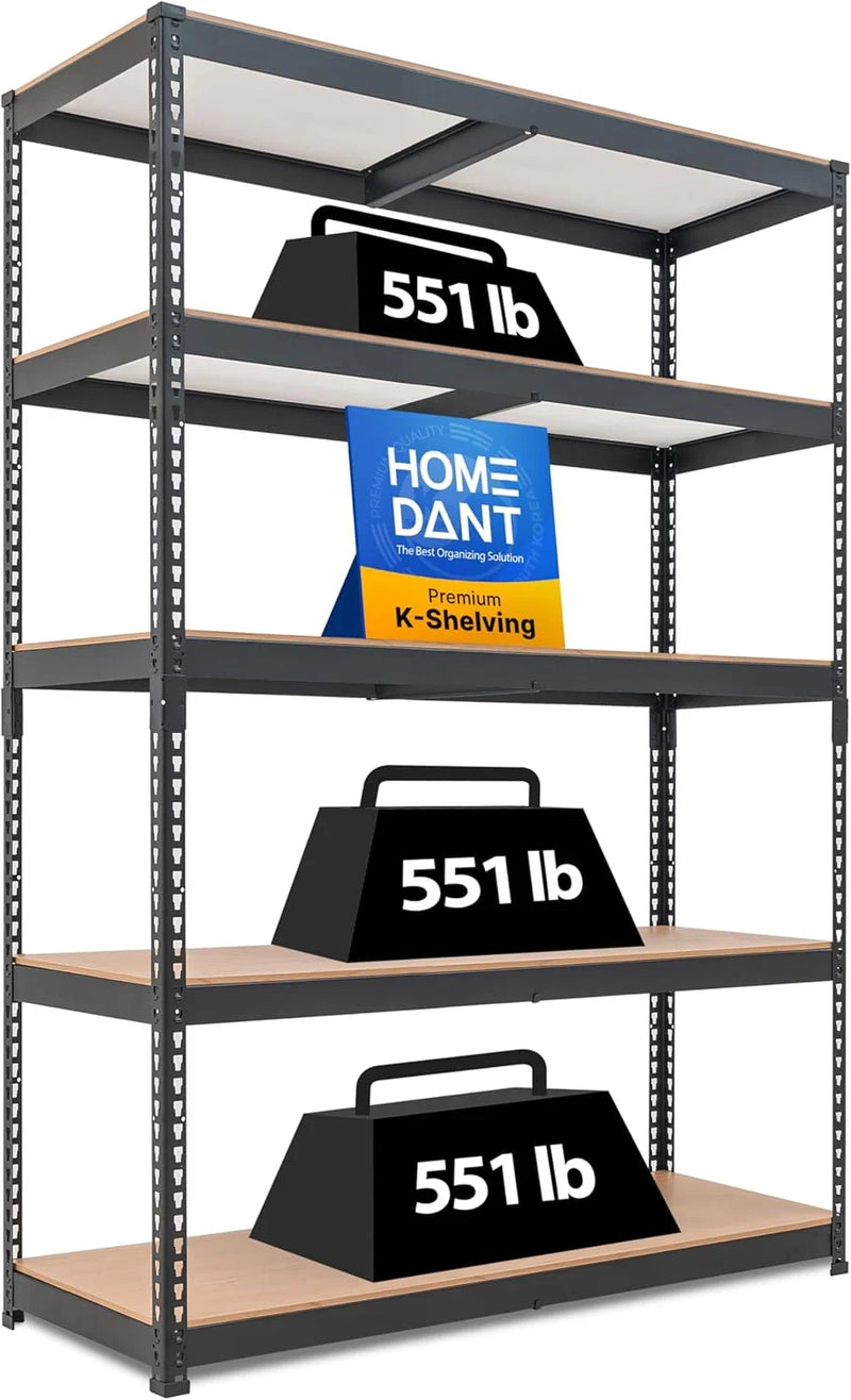 5 Layered laminated boltless heavy-duty vehicle storage adjustable wide-size metal shelf unit utility rack shelving storage multi-functional shelf shed storage area 47.7 inches wide x 18.2 inches deep x 71.3 inches high Black D9
