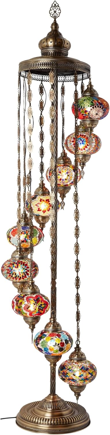 Turkish Moroccan mosaic floor lamp, with 9 lampshades and 6 feet in height - a Tafini-style standing decorative Bohemian-style lamp, equipped with colored lampshades, suitable for bedrooms, living rooms, and entrances - handmade in Turkey, available D8