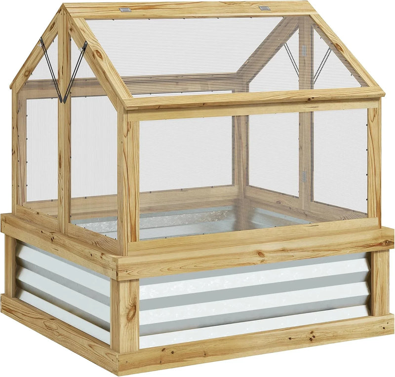 Raised Garden Bed with Polycarbonate Greenhouse, Wooden Cold Frame Greenhouse, Garden Flower Planter Protection, Peak Roof, 35.5" x 31.5" x 36", Natural F0