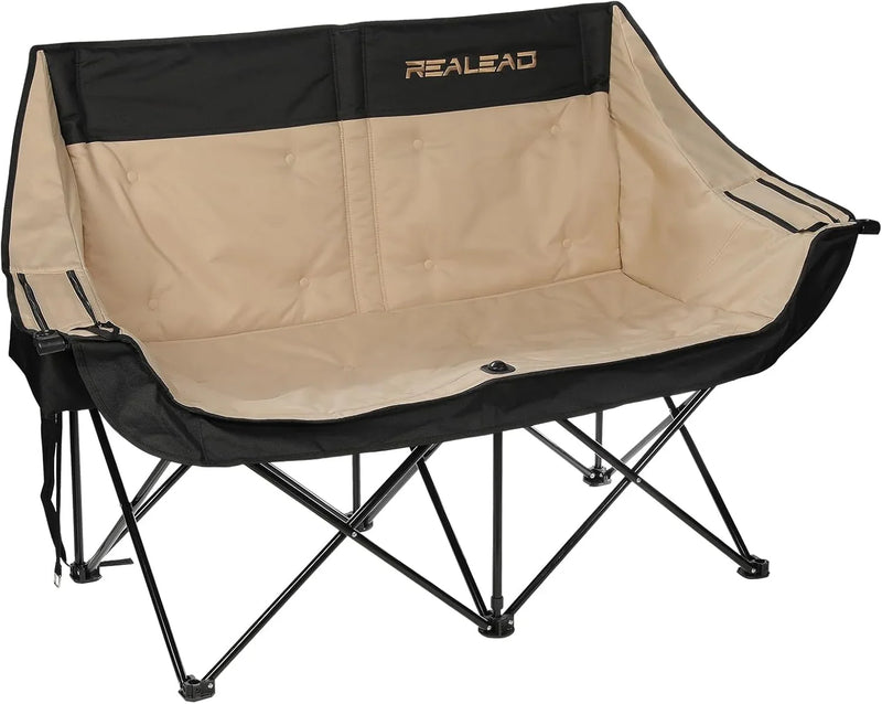 Double camping chair - Large-sized adult camping couple seat cushion suitable for two people. 650 pounds load-bearing capacity - Heavy-duty foldable camping chair, equipped with a cooling bag, suitable for outdoor activities and beach use. E4
