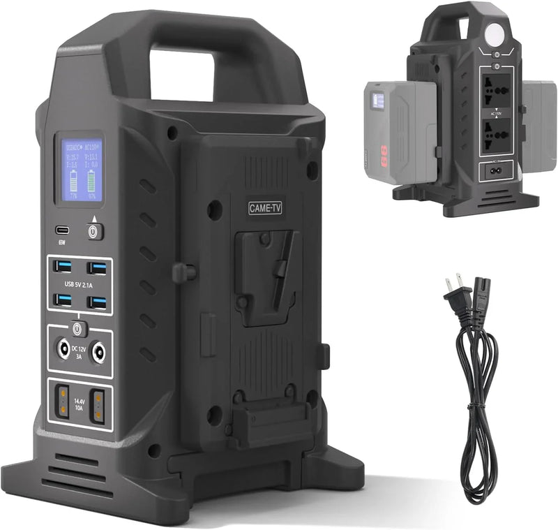 Dual V interface battery charger, power strip 3-in-1 dual-channel charger/multi AC power inverter station, PD 65W/USB-C, compatible with the fully V-lock battery charging of Smallrig Neewer Came TV. T9