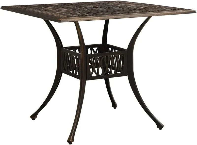 Bronze terrace table, made of cast aluminum, suitable for outdoor use, square design, stable and durable, with dimensions of 35.4 inches × 35.4 inches × 28.7 inches, equipped with umbrella holes, requires assembly. K5