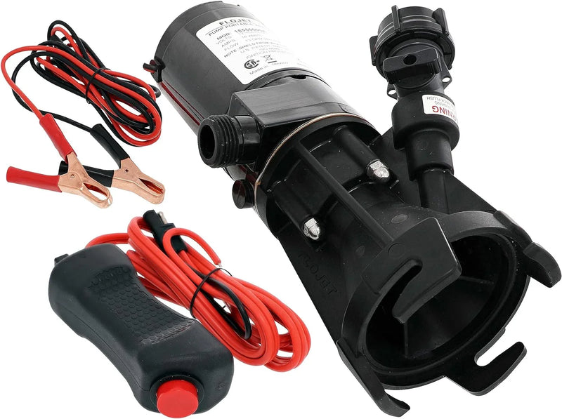 18555-000A - 12V DC waste pump, suitable for camper vans / motorhomes - Can empty a 40-gallon water tank in 5 minutes - Output flow rate 9 gallons per minute - 3/4 inch garden hose interface - Stainless steel grinder, self-priming, remote switch R5
