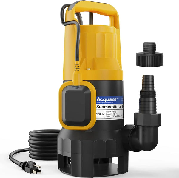 3/4HP Submersible Sewage Effluent Pump, Cast Iron, 115V 6400 GPH Automatic Tethered Float Switch, Sump Pump for Sump Basin, Basement, Residential Sewage, 2'' NPT Discharge L5