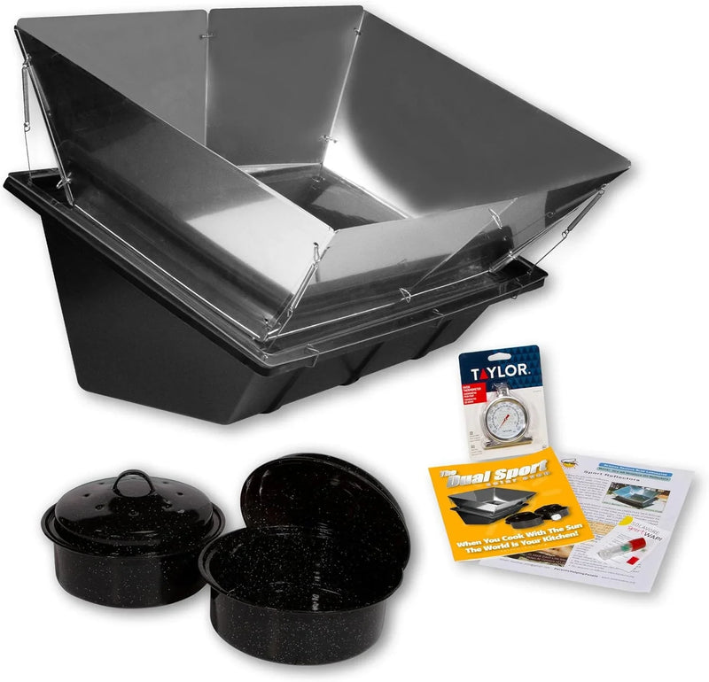 Dual Sport Solar Oven, Black, Portable Outdoor Cooking System with Reflectors, 27x17x12 Inch, 6.8 Qt Capacity, Includes 2 Pots, Thermometer, Wapi, Cookbook, and Instruction Manual H2