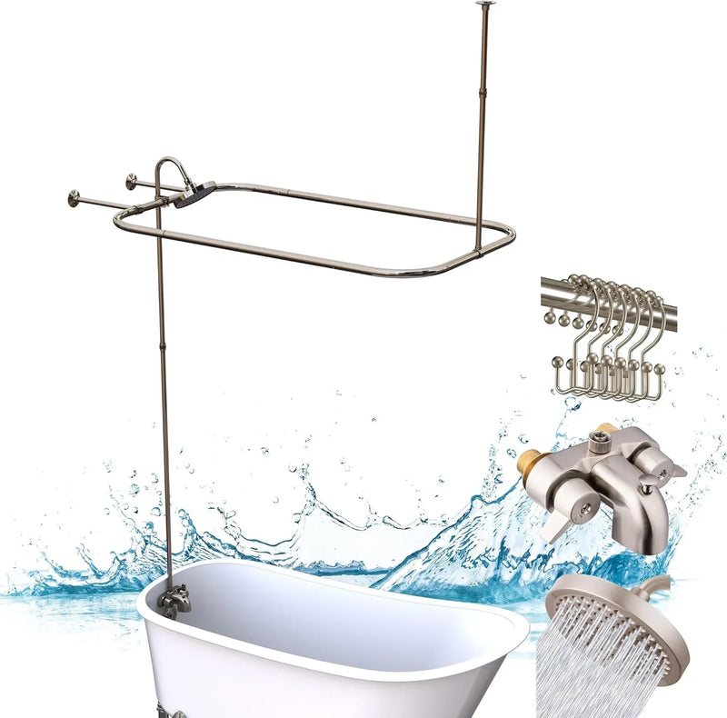 Clawfoot Tub Shower Kit, Add On Shower Units With Bathcock Diverter Faucet and 48" X 27“ Rectangular Claw foot Tub Shower Curtain Rod Kit,Claw foot Tub Shower Faucet Set,Brushed Nickel W2