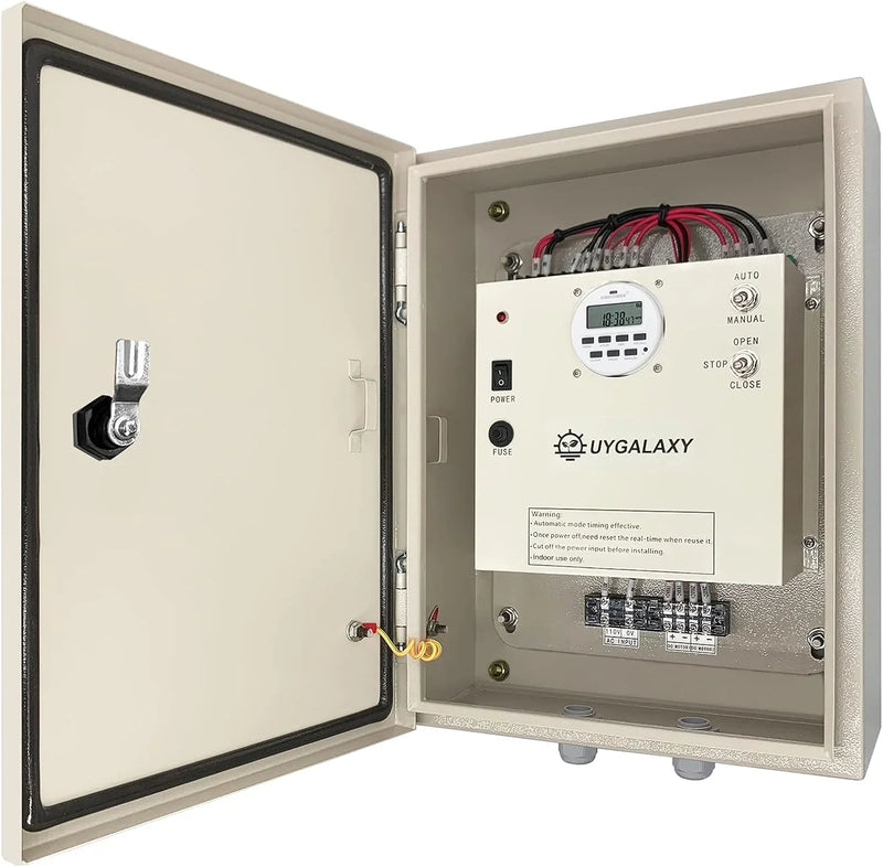 Electrically controlled timer for greenhouse roller shutters (for ventilation) uses an AC 110V to DC 24V transformer for timing control, enabling the opening or closing of the side top curtains of the greenhouse薄膜. C7