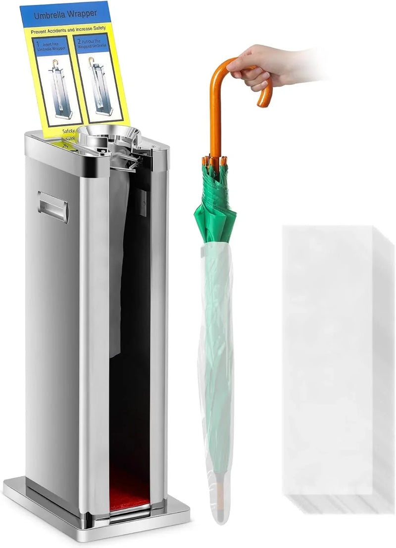 Automatic wet umbrella packaging machine, stainless steel single-slot umbrella bag distributor bracket, equipped with 1000 long umbrella bags and warning signs, suitable for commercial shopping centers, hotels, in silver color. R9