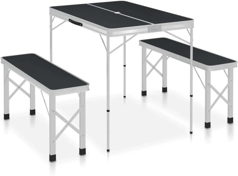 Folding Camping Table with 2 Benches Aluminium Grey,Item colourGrey and Silver W0