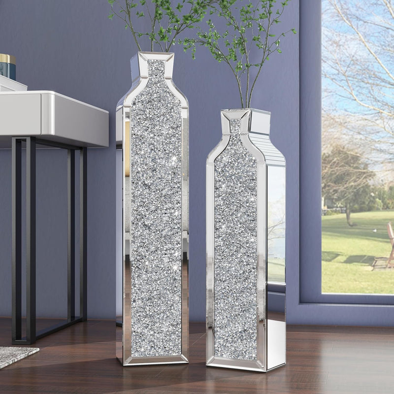 Floor vase crushing diamond reflective vase - Silver floor-style vase set (2-piece) - 24-inch and 30-inch large crystal goblet vases, suitable for living rooms, dining rooms, bedrooms, home corners, corridors, indoor offices and floors. X5
