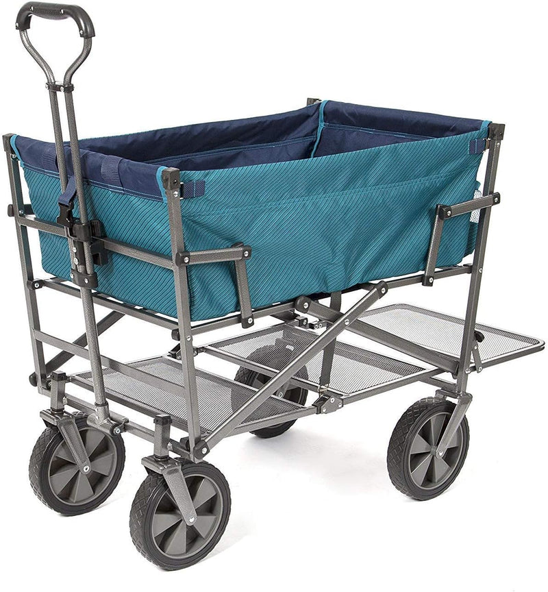 A foldable double-layer outdoor multi-functional truck, equipped with a long lower shelf, in blue-green color. D1