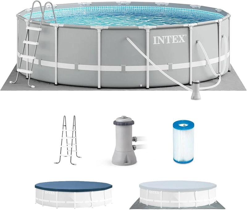 Above Ground Swimming Pool w/ Pump, Cover, & Ladder, 18' x 48", Prism Frame, Gray - Outdoor Round Family Pool w/ Filter, 42-Inch Deep Water O1