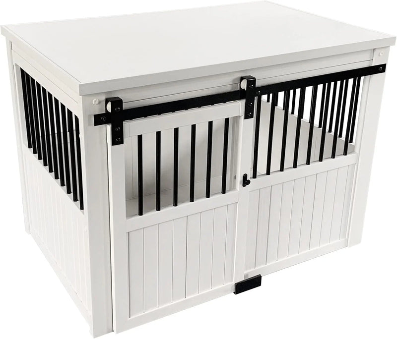 Farm sliding cowshed door furniture-style dog cage - antique white, large size. Unique style, durable and sturdy. Removable seat cushion. Easy to assemble. K7