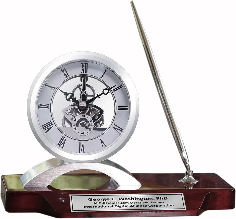 Desk clock, pen set, personalized, unique, silver clock, clear transparent case, gears, da Vinci, timepiece display, metal pen set, wooden desk stand, desk accessories, office, modern home, engraving O9