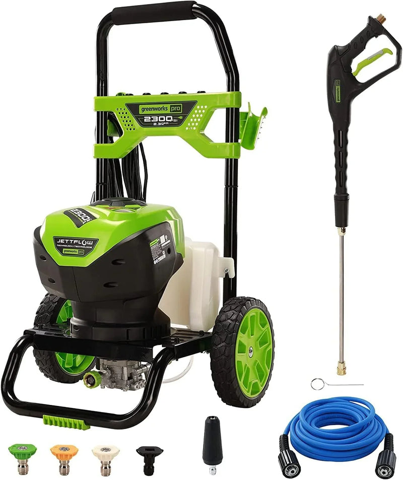 2300 pounds/square inch true brushless electric high-pressure cleaning machine (2.3 gallons/minute), 25 feet hose, quick-connect nozzle, 15°, 24°, 40° soap nozzles and turbine nozzle V9