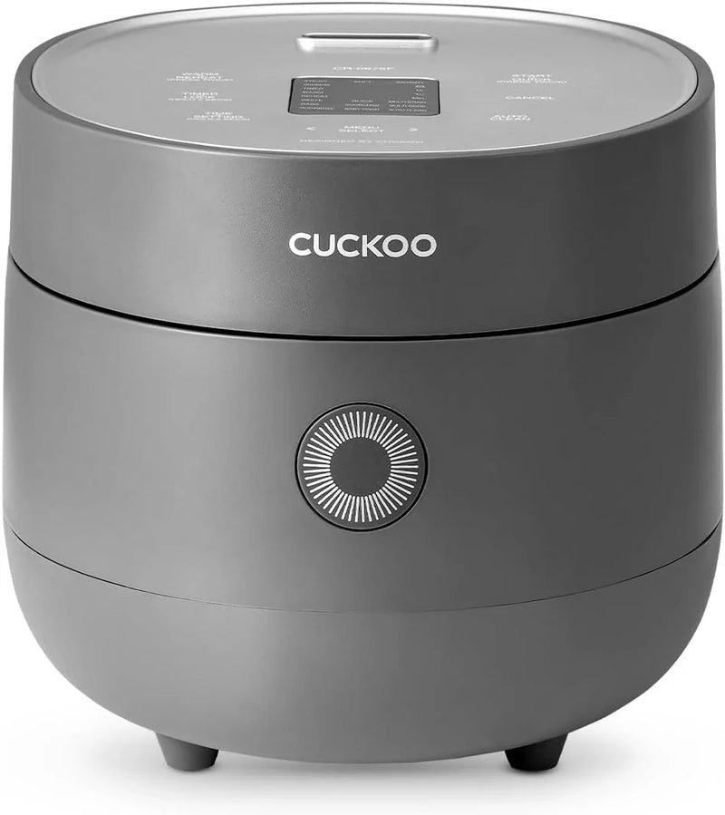 Electric rice cooker with 6-cup capacity (uncooked) / 12-cup capacity (cooked), modern fuzzy logic control, featuring timer function and insulation setting, compact model, multi-functional steamer, non-stick inner liner, gray exterior. A4